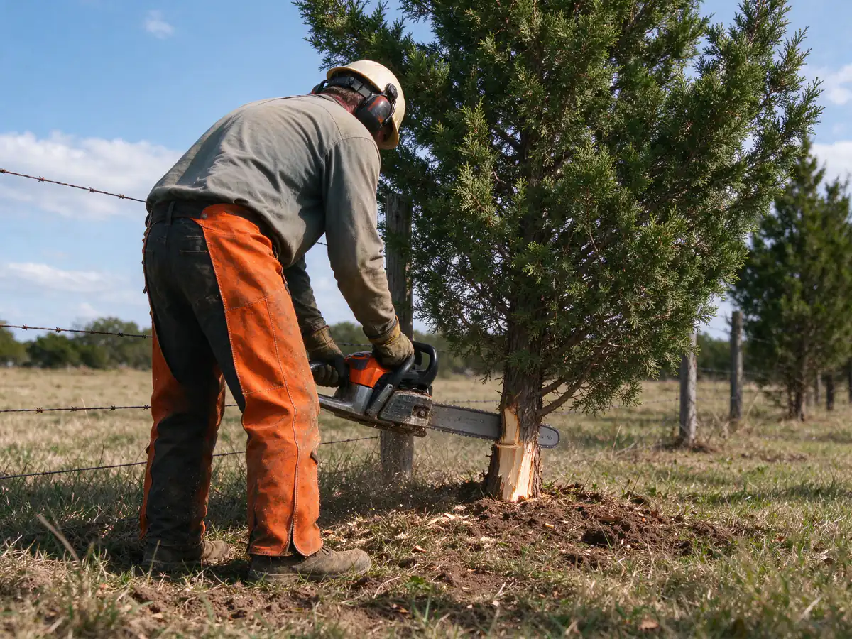Brush cut by hand with a chainsaw along a fence where a machine would damage the wire