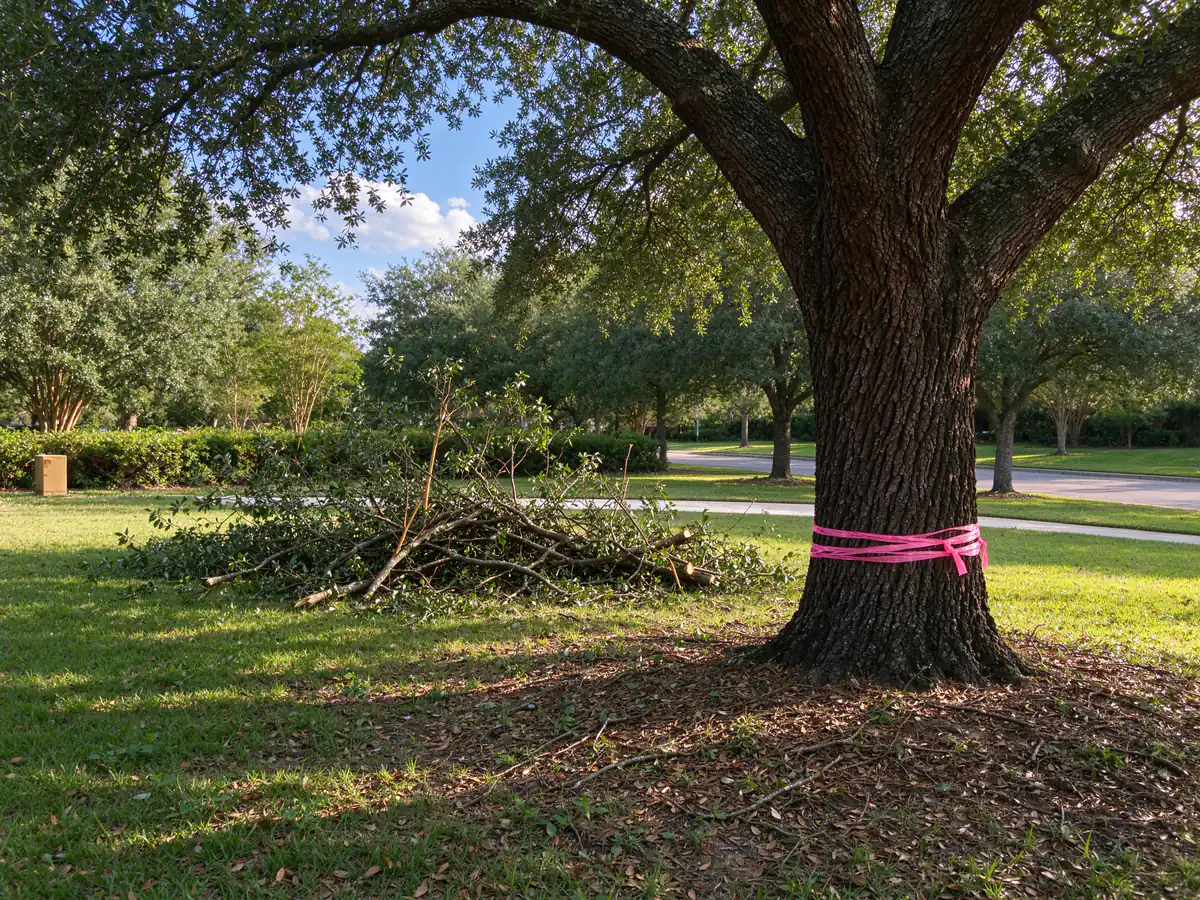 Brush under a keeper tree cut by hand inside the drip-line fence