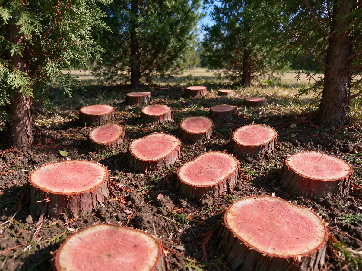 Cedar brush cut flush near the ground so it cannot resprout from the stump