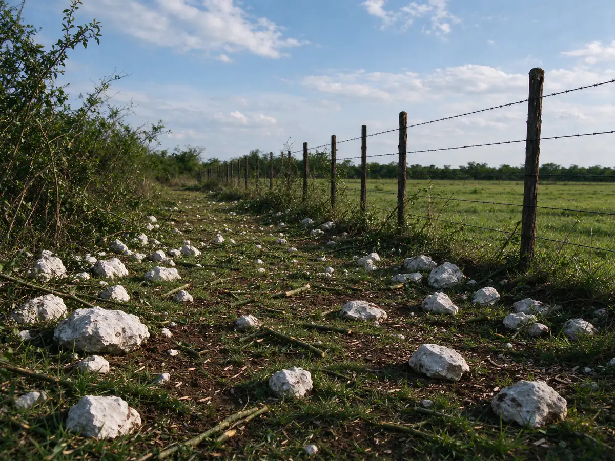 Cleared ground under a pasture fence row with scattered limestone rocks turned up by the work