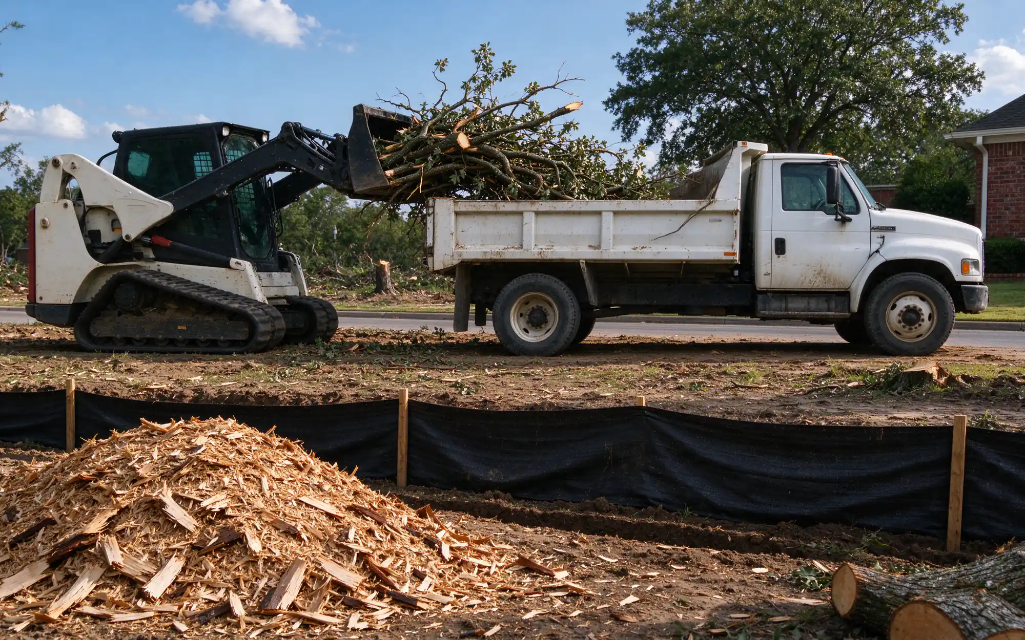 Cleared North Texas lot with a grapple loader lifting a tangle of cut limbs into a dump truck, a pile of fresh wood chips in the foreground and silt fence staked along the street edge