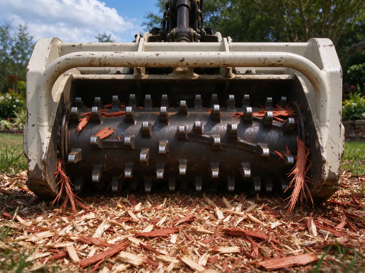 Close view of the drum mulcher head with its carbide teeth