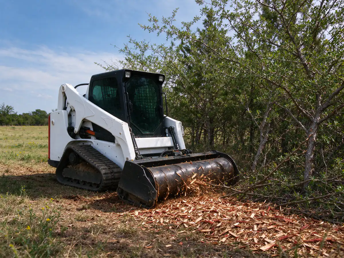 Compact track loader with a drum mulcher grinding a mesquite thicket on pasture edge