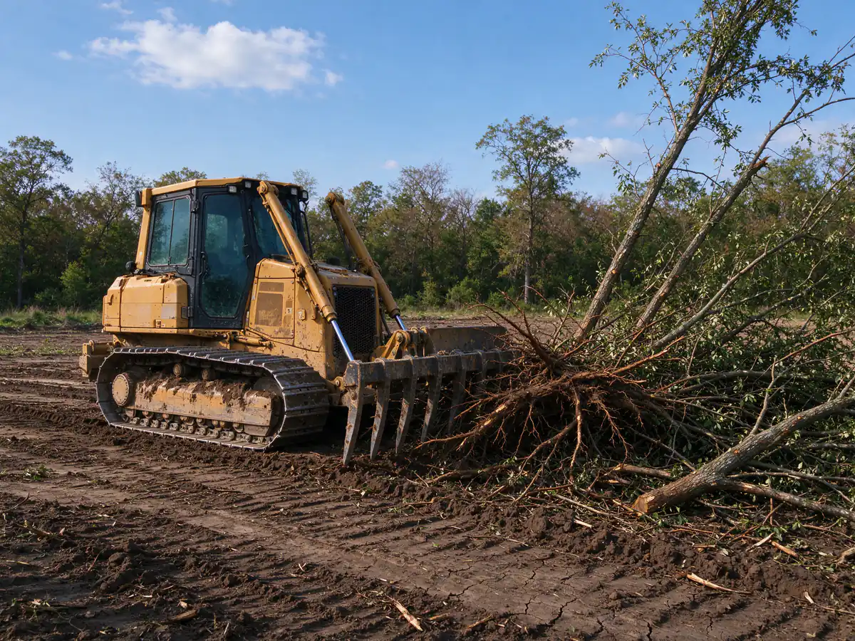 Crawler dozer with a root rake clearing brush from a commercial pad area