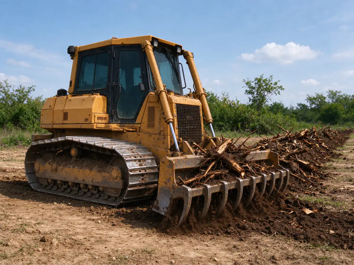Dozer with a root rake gathering grubbed roots into a windrow