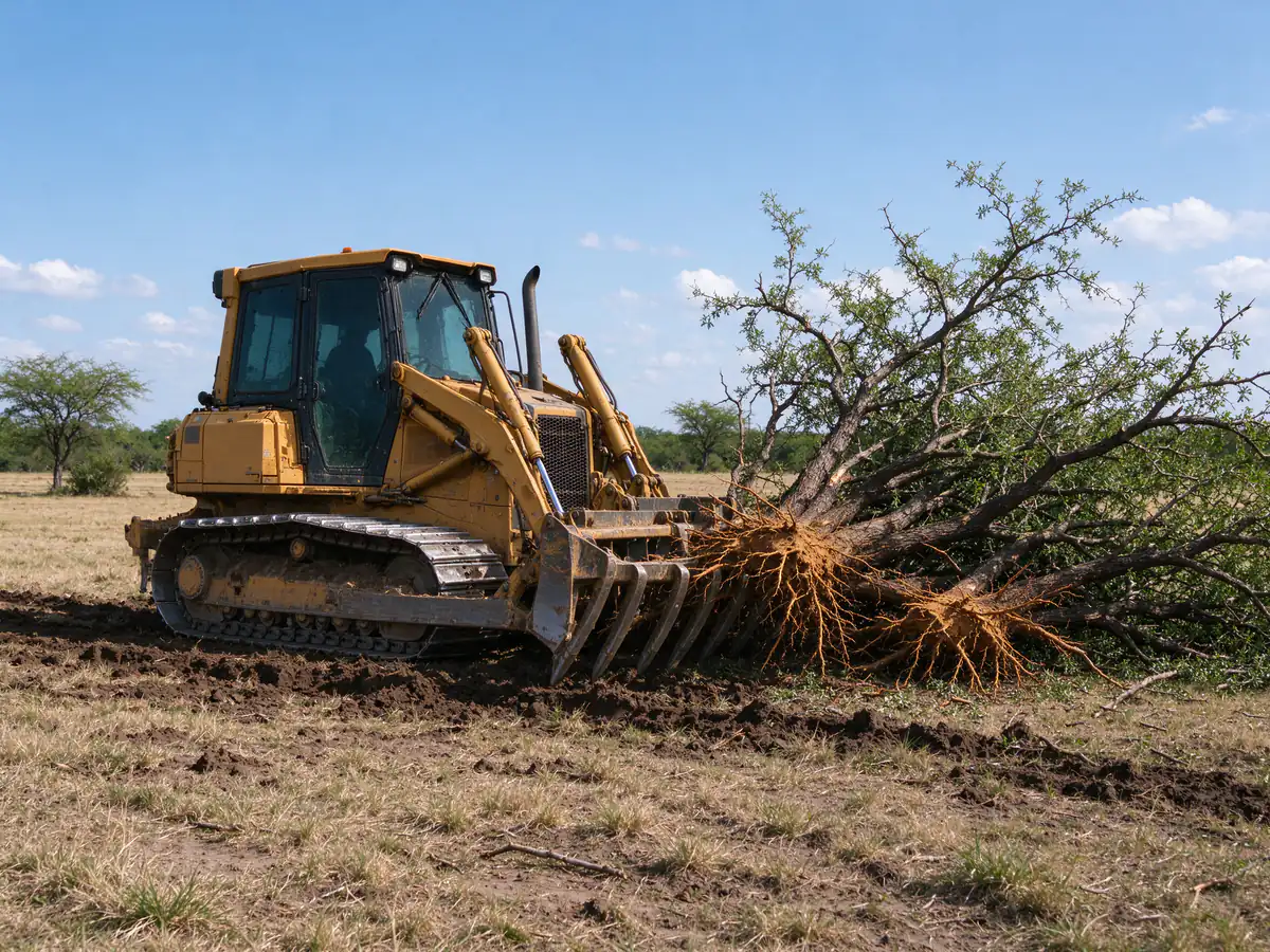 Dozer with a root rake removing mesquite from a pasture