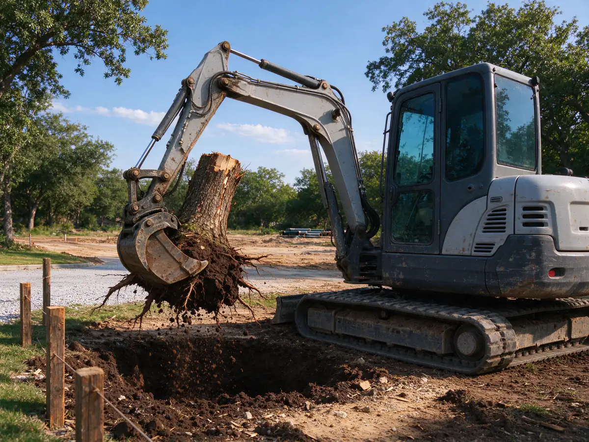 Excavator extracting a stump and root ball from a future driveway footprint