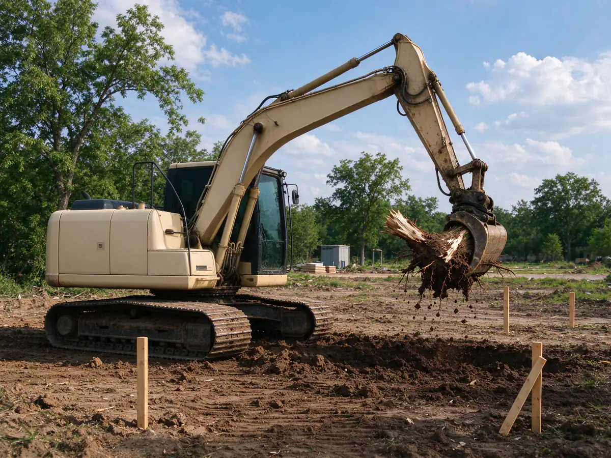 Excavator pulling a stump and root ball from the house footprint