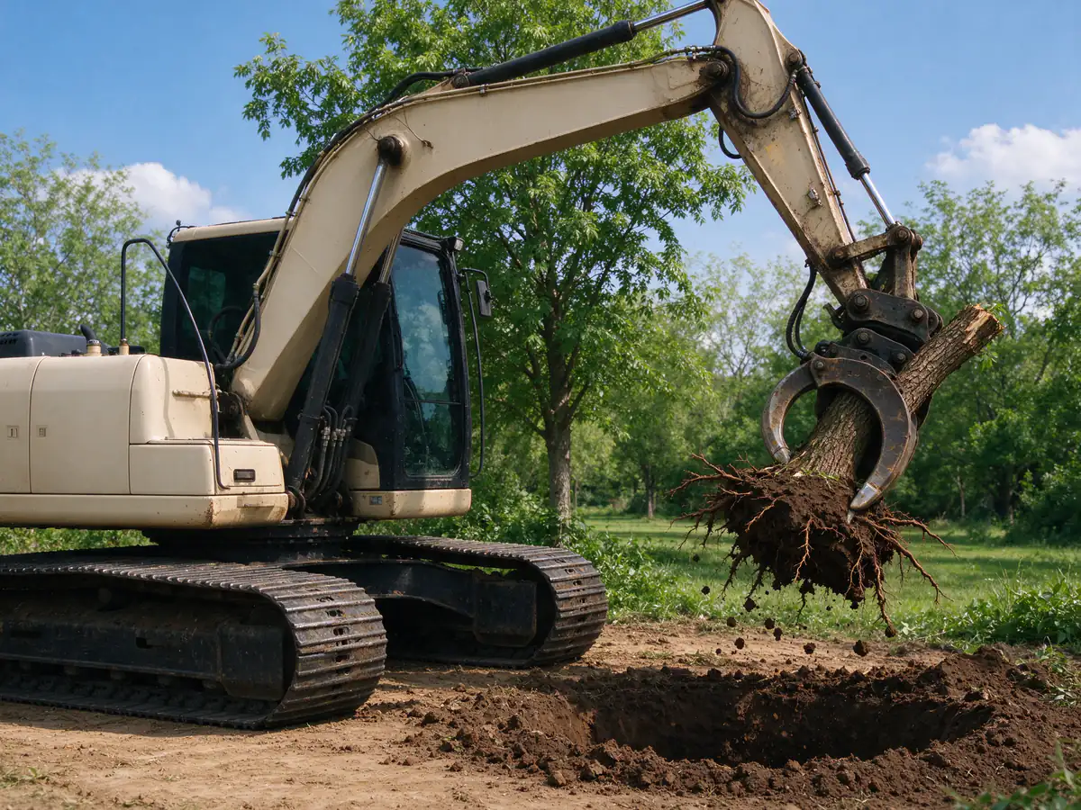 Excavator with a hydraulic thumb pulling a stump and its root ball out of clay