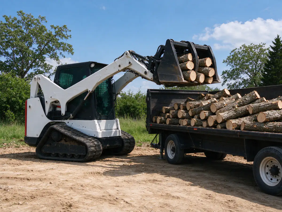 Grapple loader loading cut logs into a dump trailer