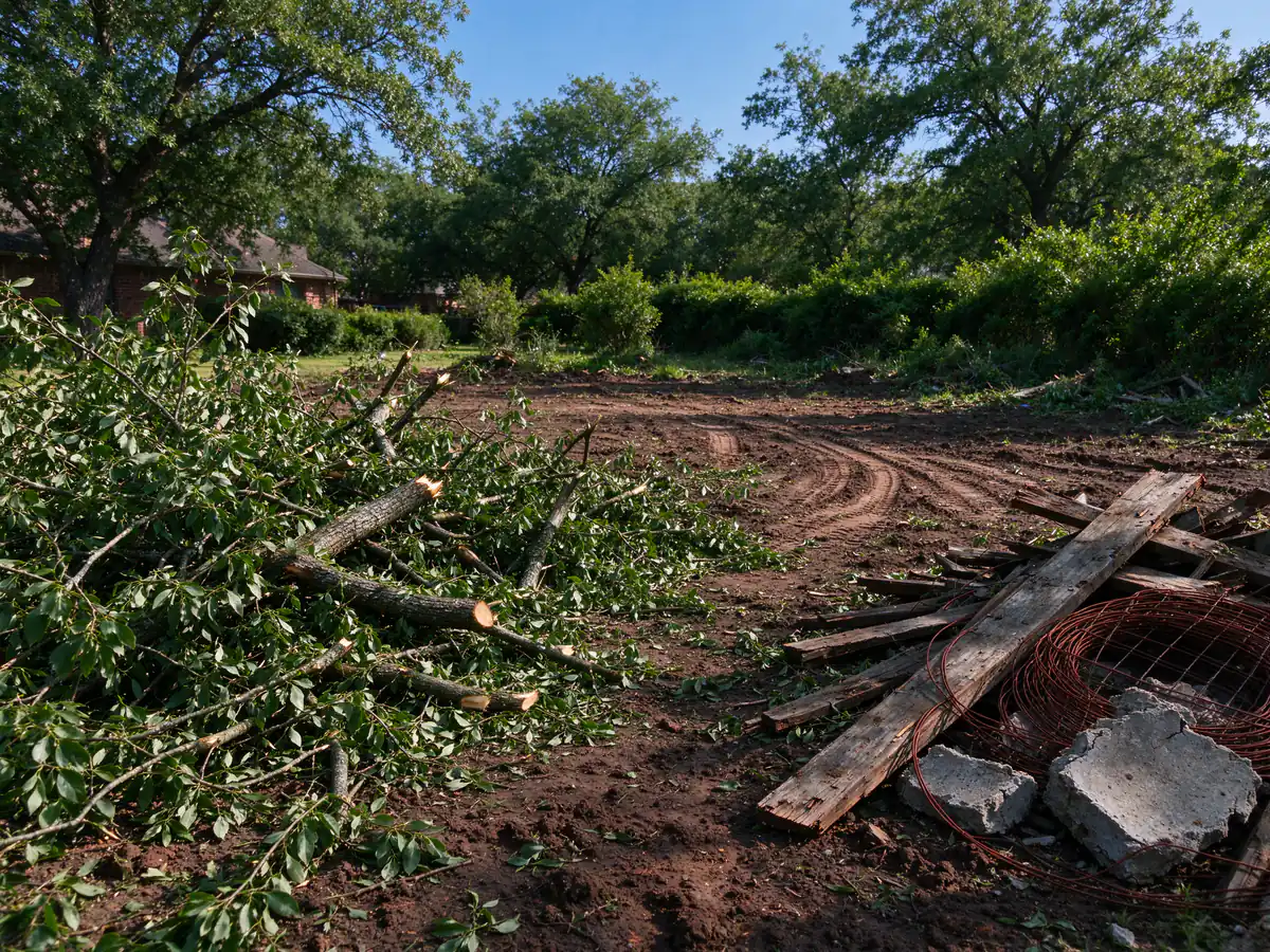 Green brush kept separate from old lumber and wire on a cleared lot