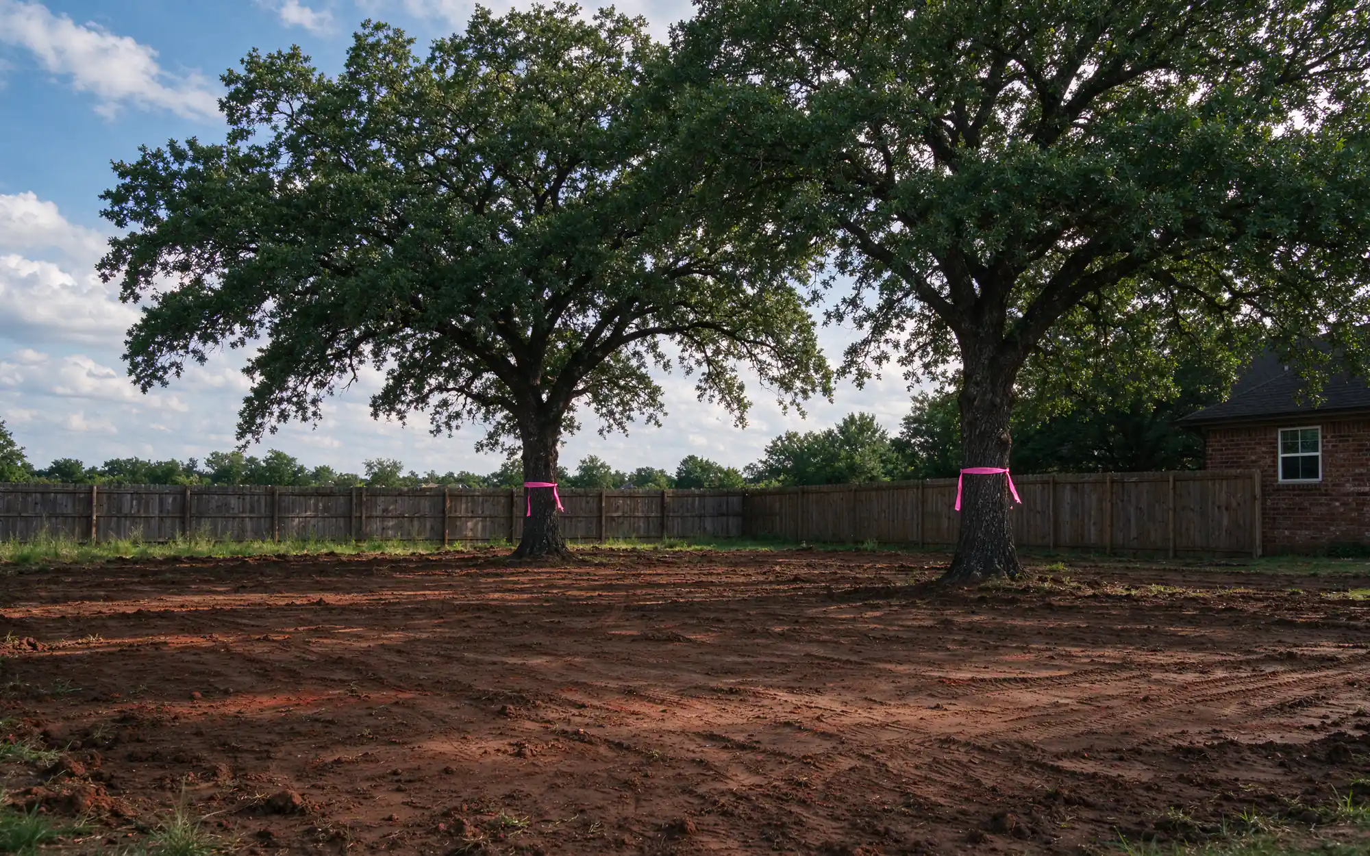 Half-acre residential lot in North Texas partly cleared of brush and small trees, with two large oaks fenced off at the drip line and dark clay soil exposed where stumps were pulled