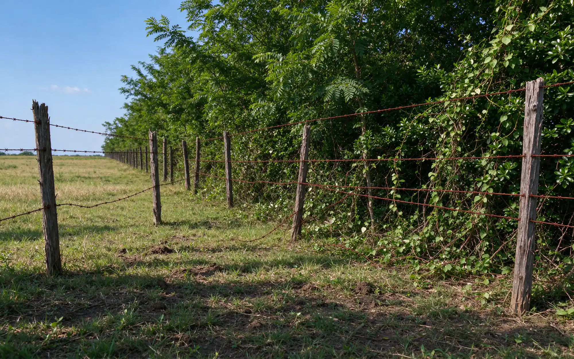 Long fence row on North Texas acreage half cleared, with sagging barbed wire and leaning cedar posts visible on the cleared side and a dense wall of privet, greenbriar and young hackberry still standing on the uncleared stretch