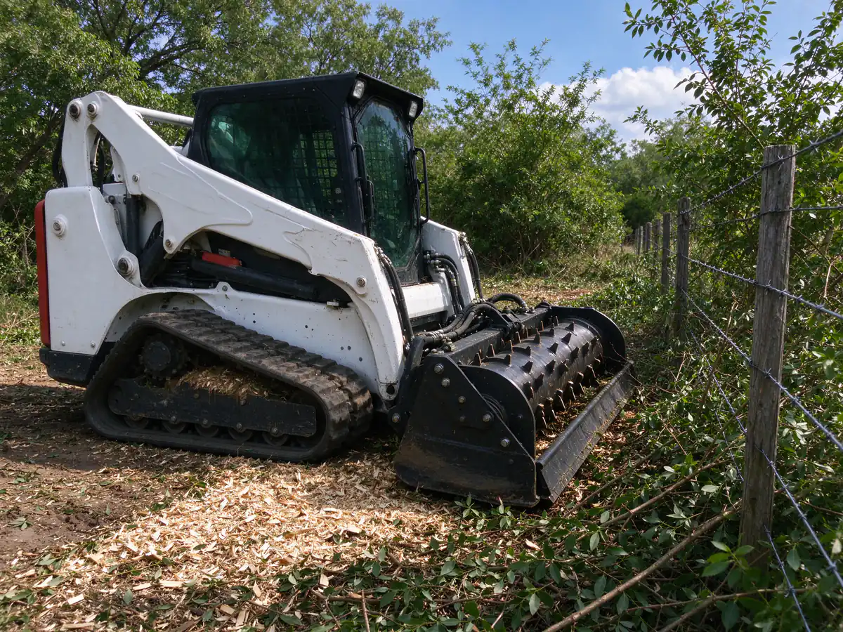 Mulcher clearing a strip along a fence while staying a few feet off the wire