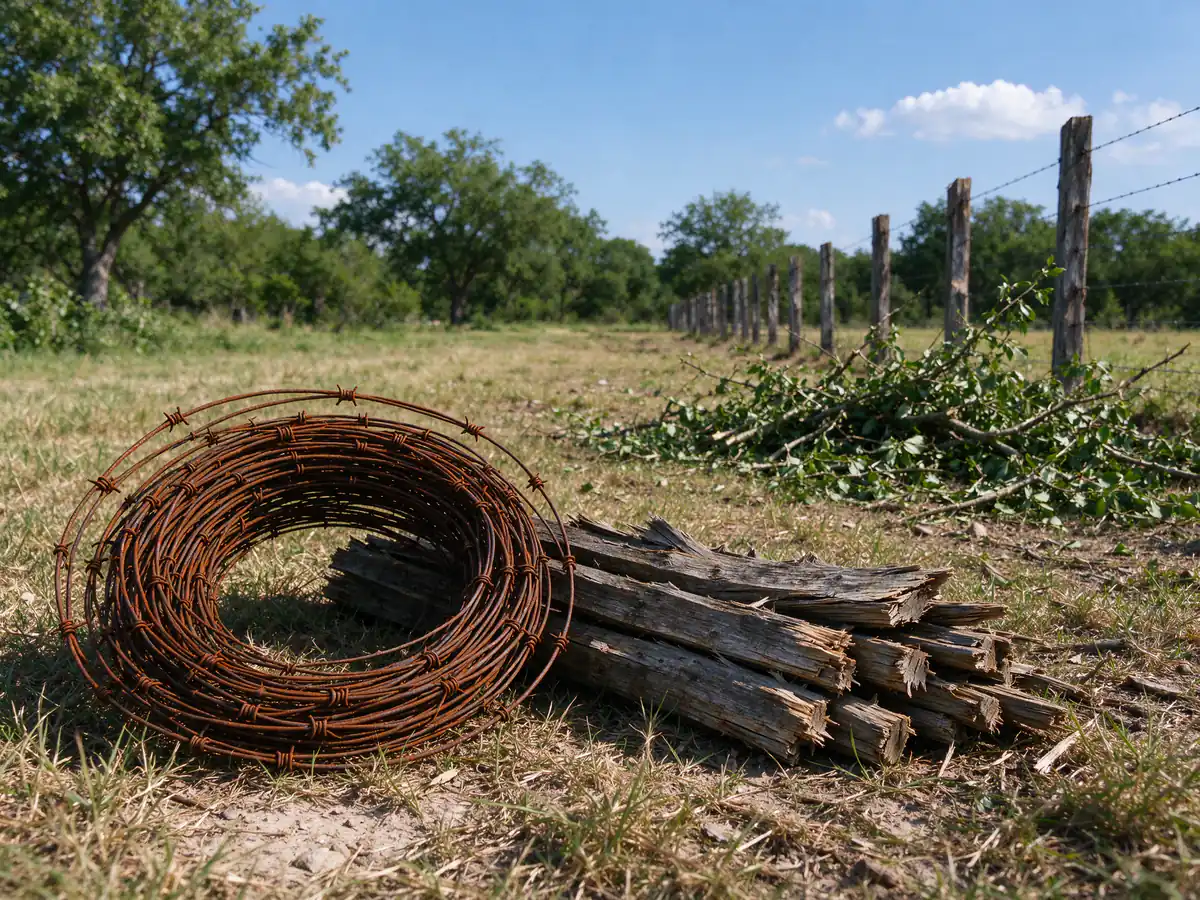 Old wire and broken posts pulled from the fence row and kept apart from the brush