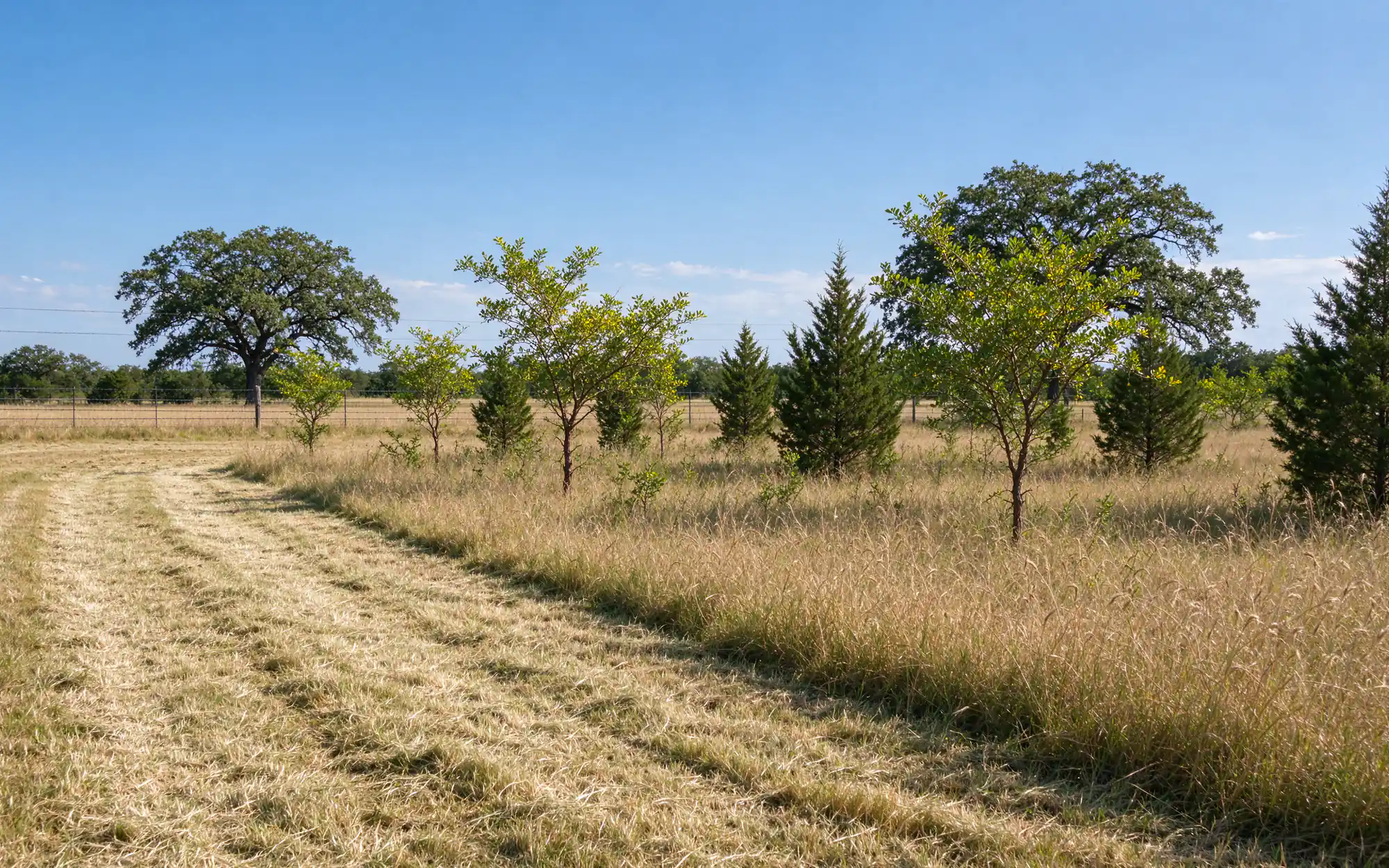 Open Collin County pasture with a freshly mowed strip beside a band of mesquite and cedar saplings, a rotary cutter's swath line visible in the grass and a barbed wire fence along the far edge