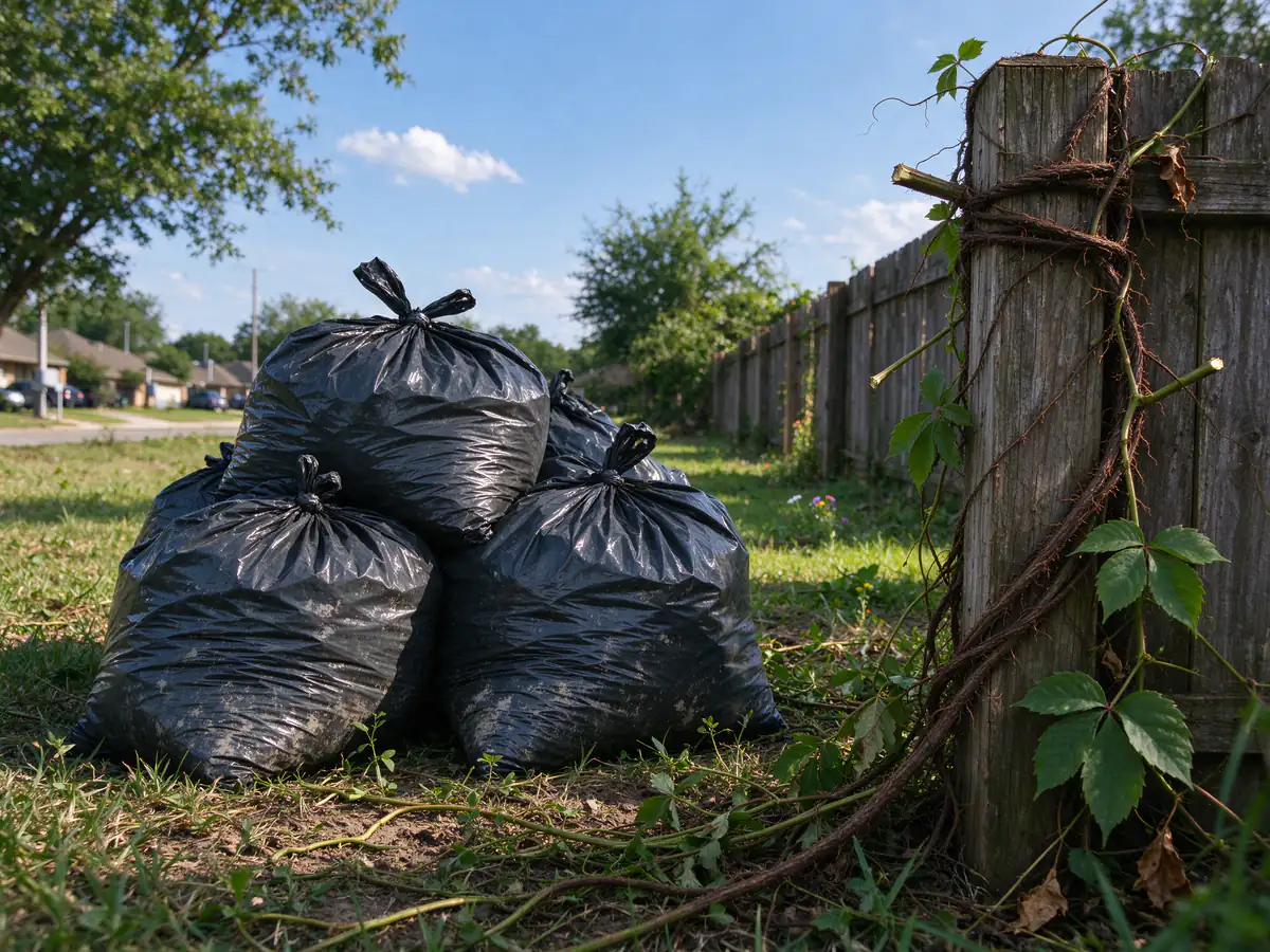Poison ivy vines bagged for hauling rather than burned
