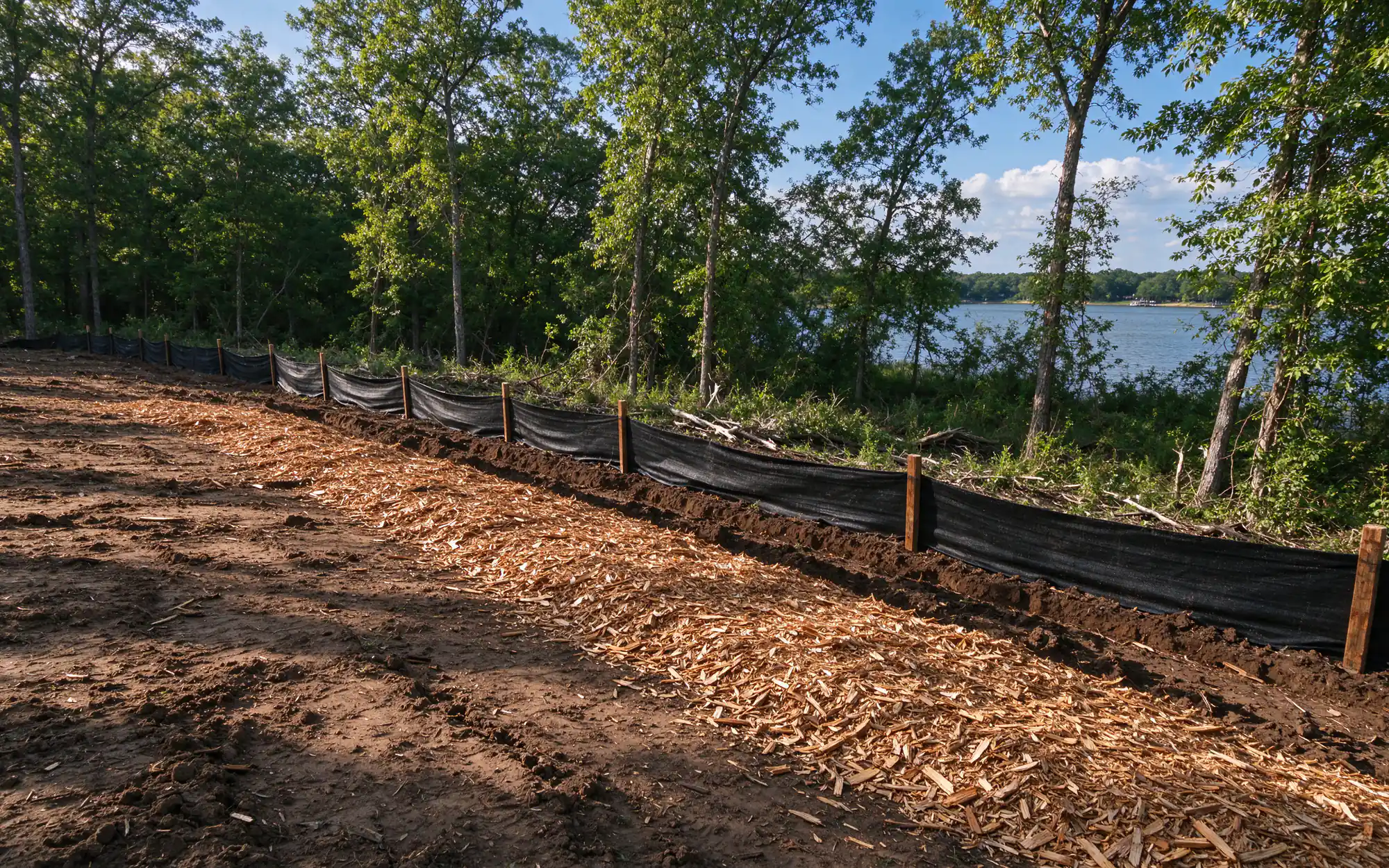Representative photo of a cleared residential lot edge with chipped brush and a silt fence on clay ground near a North Texas lake