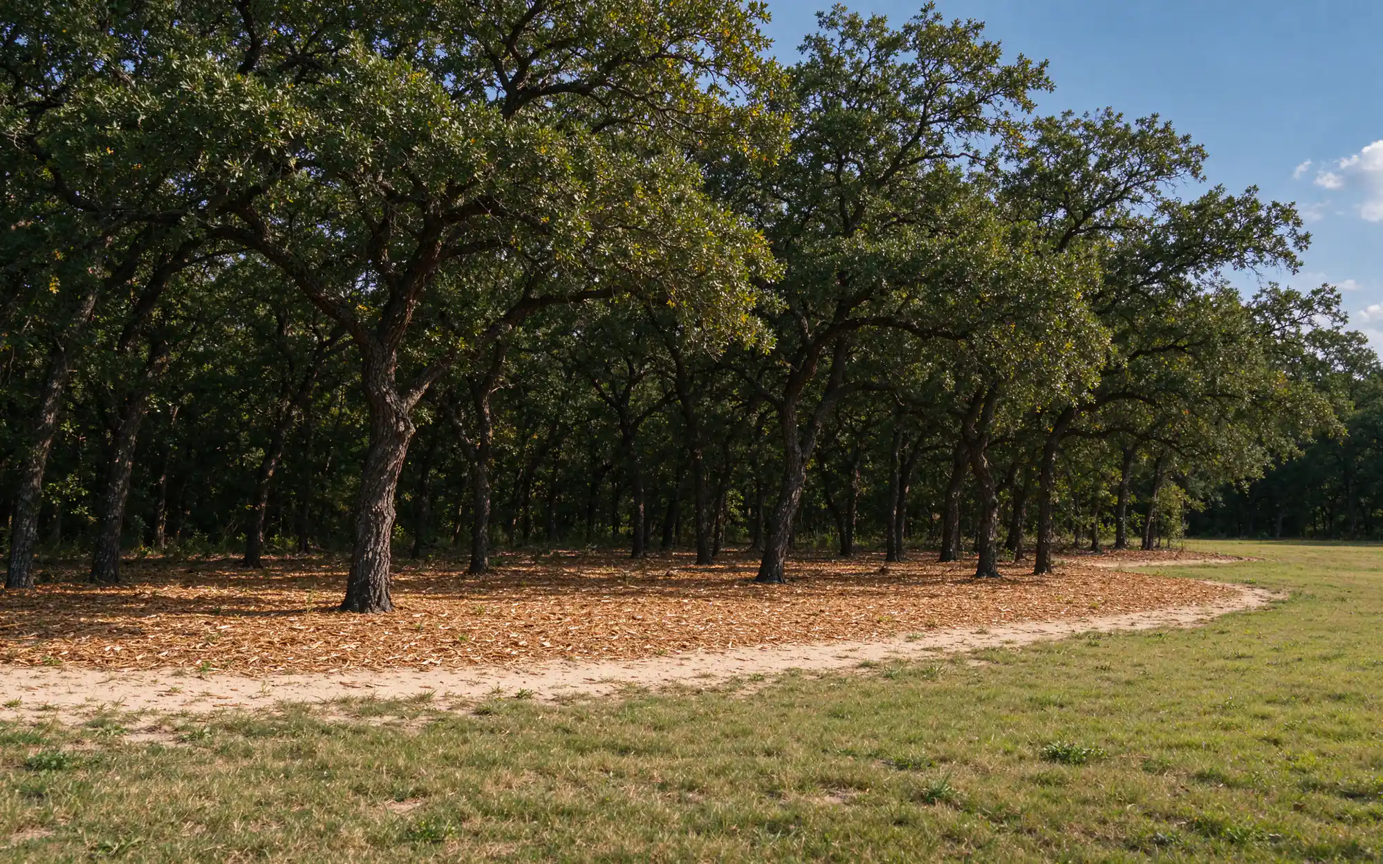 Representative photo of post oak woodland edge with a mulched understory on sandy loam ground in western Denton County