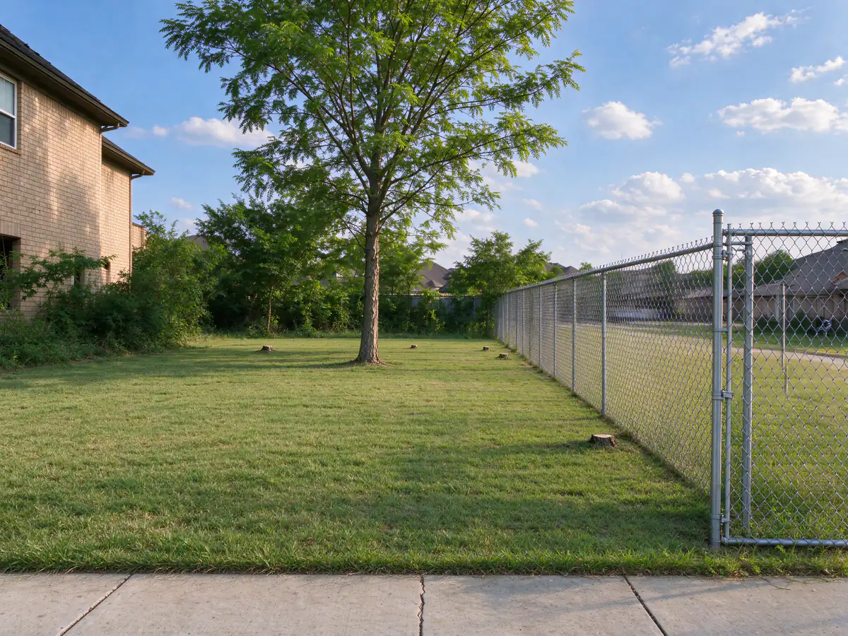 Same lot mowed and cleared, with the cedar elm kept and the debris gone (representative after)