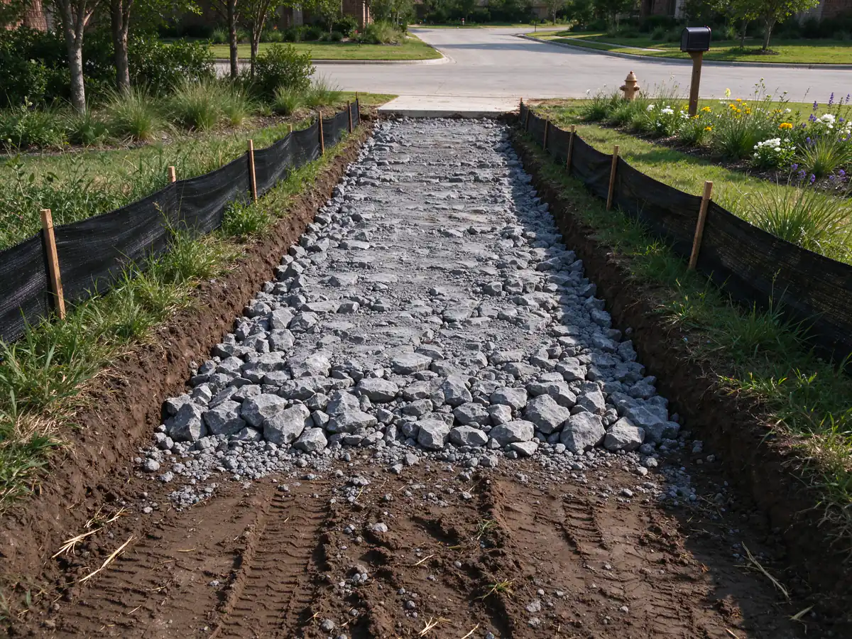 Stabilized gravel exit keeping mud off the street as trucks leave a clearing job