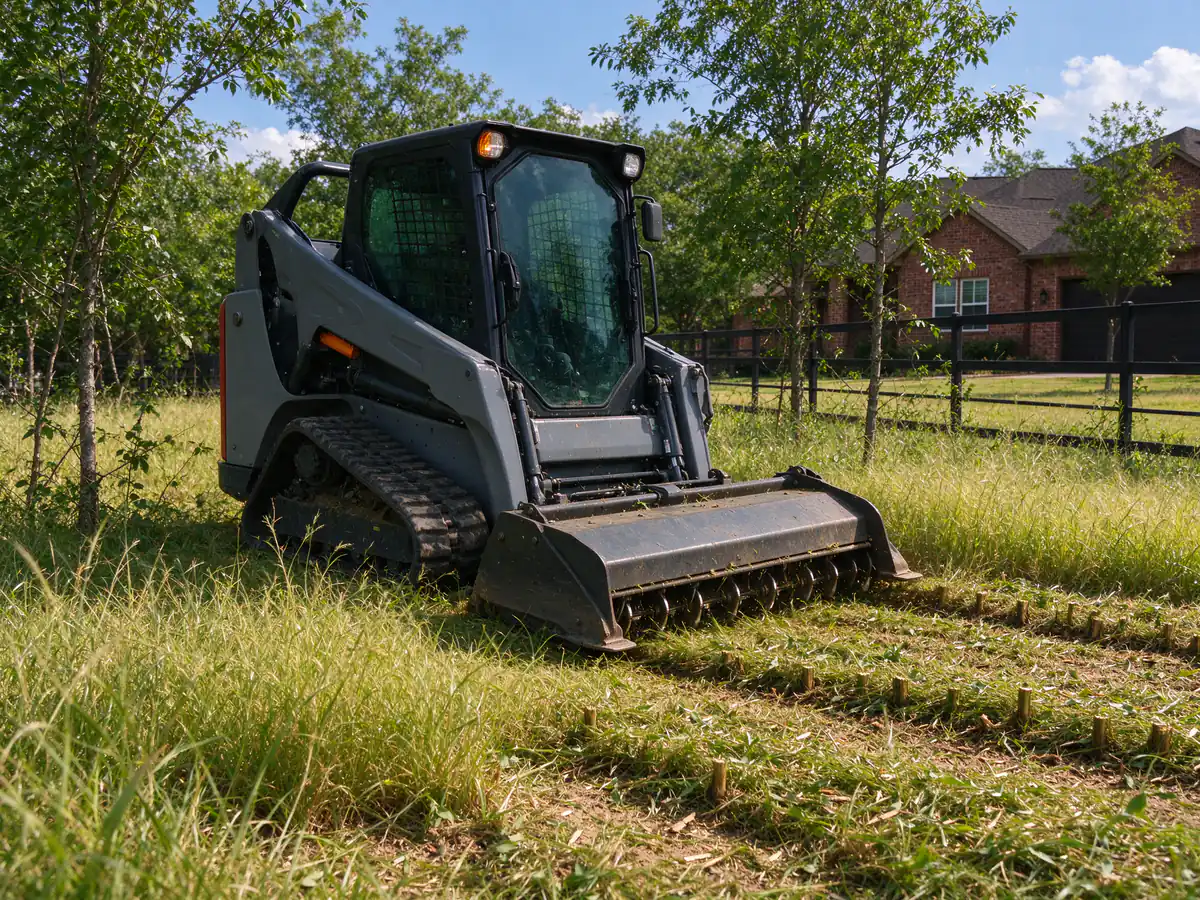 Track loader with a rotary brush cutter knocking down tall grass and saplings