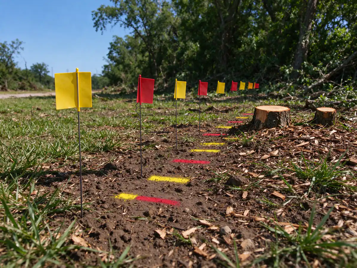 Utility locate flags and paint marks along an easement before stumps are pulled