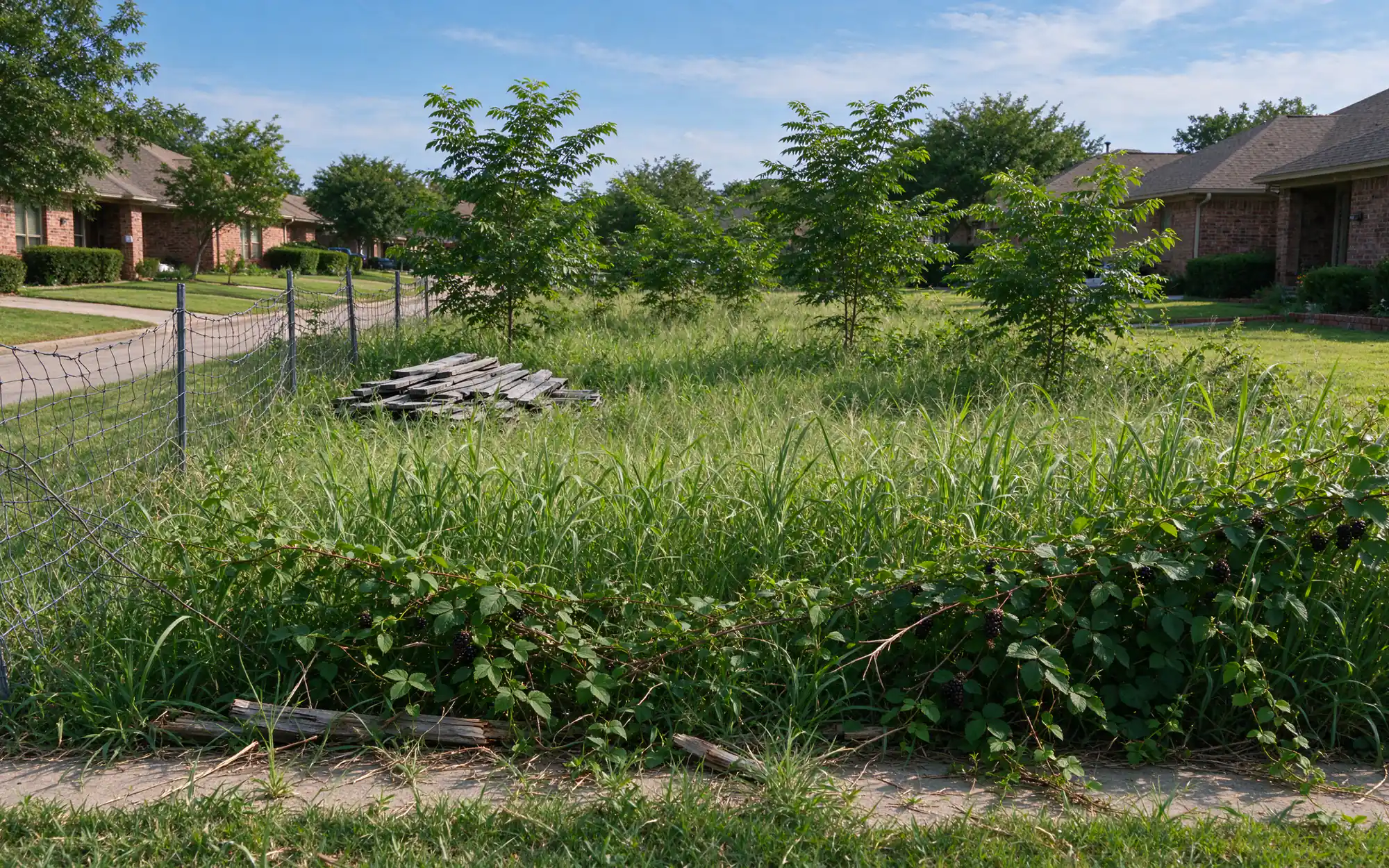 Vacant suburban lot in North Texas overgrown with waist-high grass, briar and hackberry saplings, a sagging wire fence along one side and a pile of old lumber half hidden in the weeds