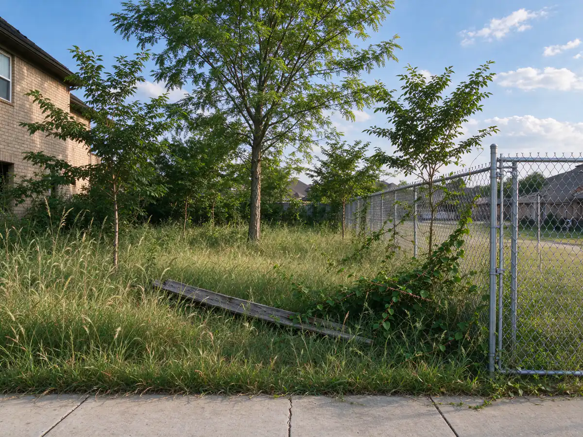 Vacant suburban lot overgrown with tall grass, briar and hackberry saplings (representative before)
