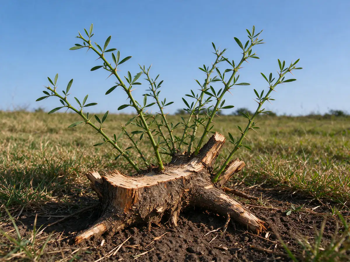 Young mesquite resprouting from a shredded stump